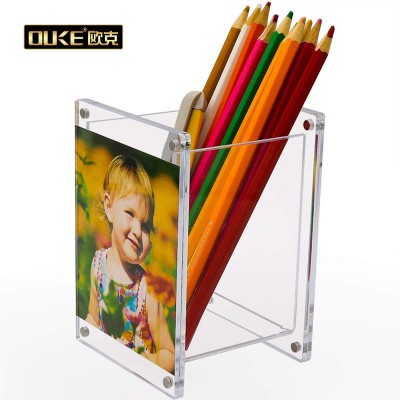 Clear Acrylic Pen Holder with Magnetic Photo Frame